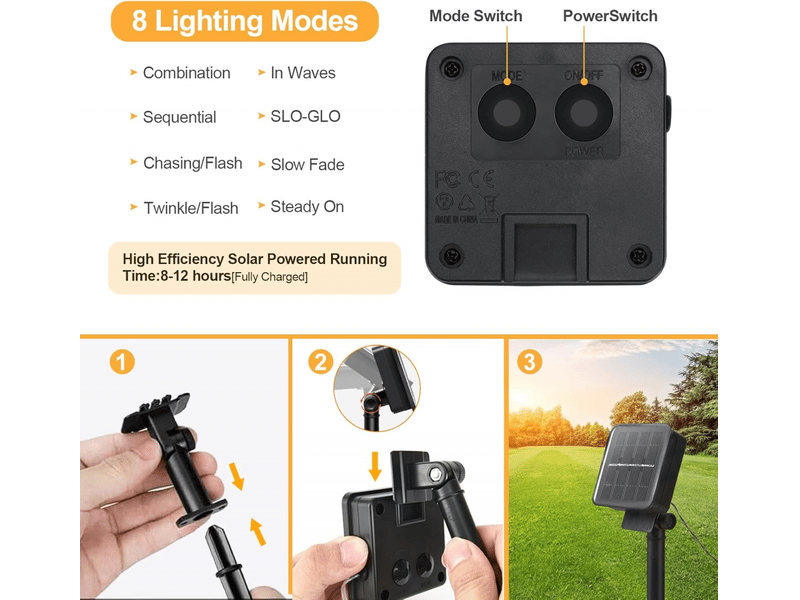  Guirlande de lumières solaires pour extérieur 12m 100leds 8 modes ip65 étanche pour jardin patio mariage fête (blanc chaud)  - Conforama C