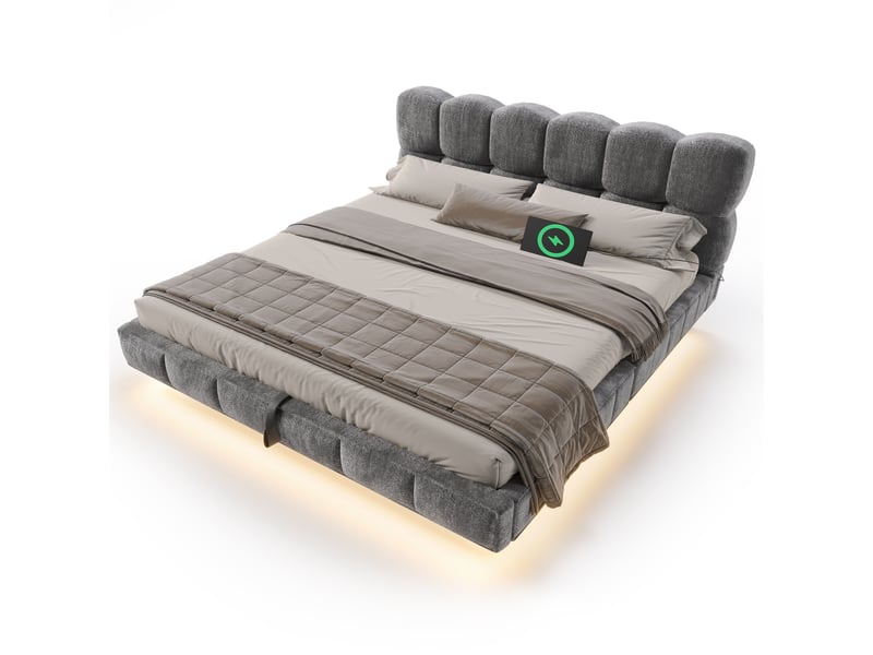  Lit coffre 140x190 cm avec rangement hydraulique, led, usbtype-c, sommier à lattes, design bubble en chenille, gris, sans matelas  - Conforama D