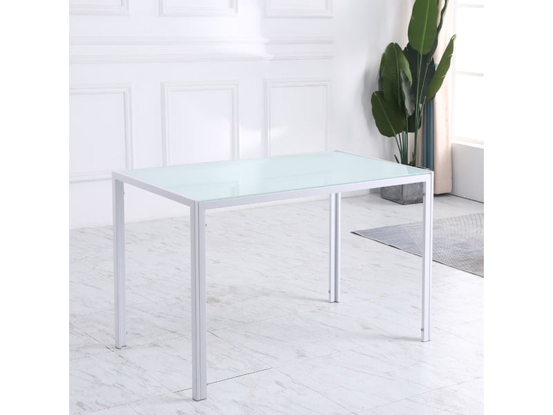 Table de cuisine 120x60, plateau verre trempé table à manger, structure métal blanc, design moderne, surface facile d'entretien - Conforama B