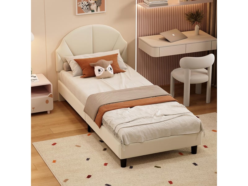  Lit 90x190cm - lit enfant 90x190 - lit simple rembourré en velours doux avec tête de lit réglable en hauteur, sommier - beige  - Conforama B