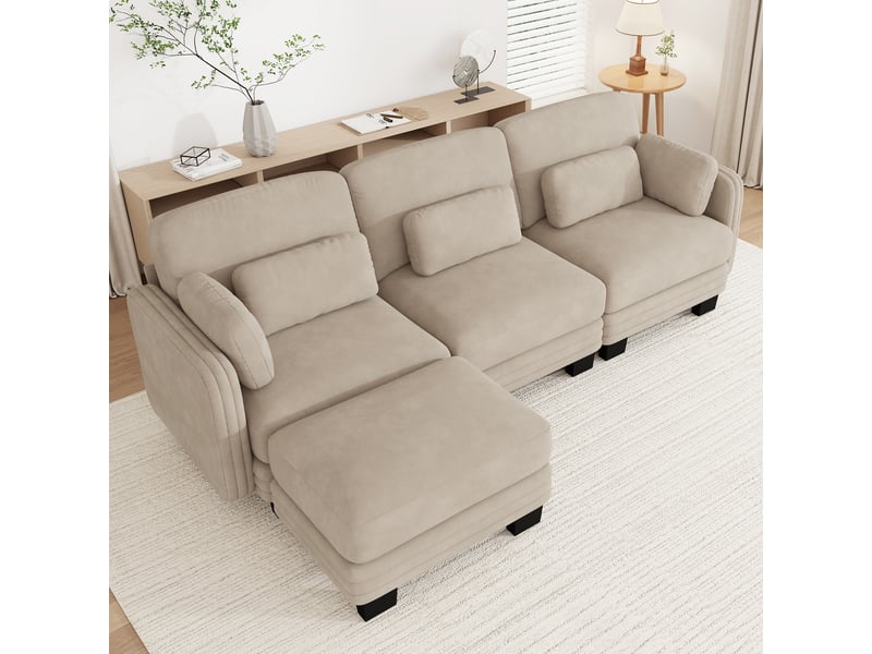  Canapé d'angle modulaire 3 places en tissu chenille marron clair avec pouf assorti, coussins inclus, assise profonde  - Conforama C
