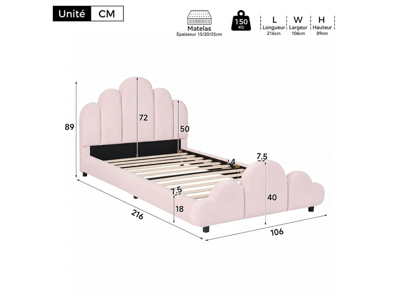  Lit enfant velours rose 90x200 cm - cadre capitonné design nuage avec sommier  - Conforama C