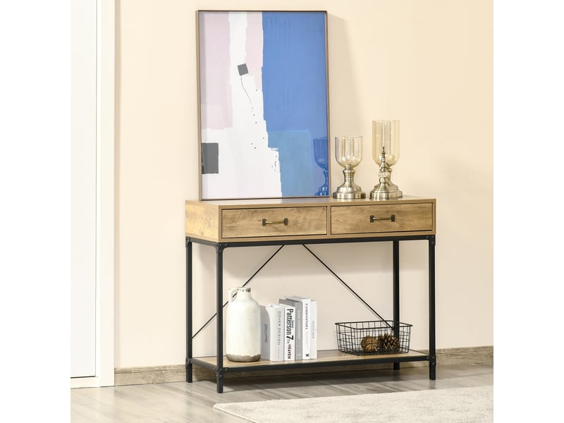  Console table d'entrée, étagère + 2 tiroirs, 100x35x76,5 cm, petits espaces, entréecouloirsalon, marron et noir.  - Conforama D