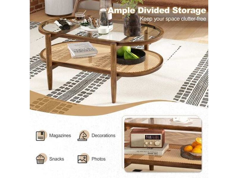  Rangement spacieux table basse 2 niveaux plateau verre trempé et étagère rotin pe cadre acacia 102x56x47 cm pour salon  - Conforama C