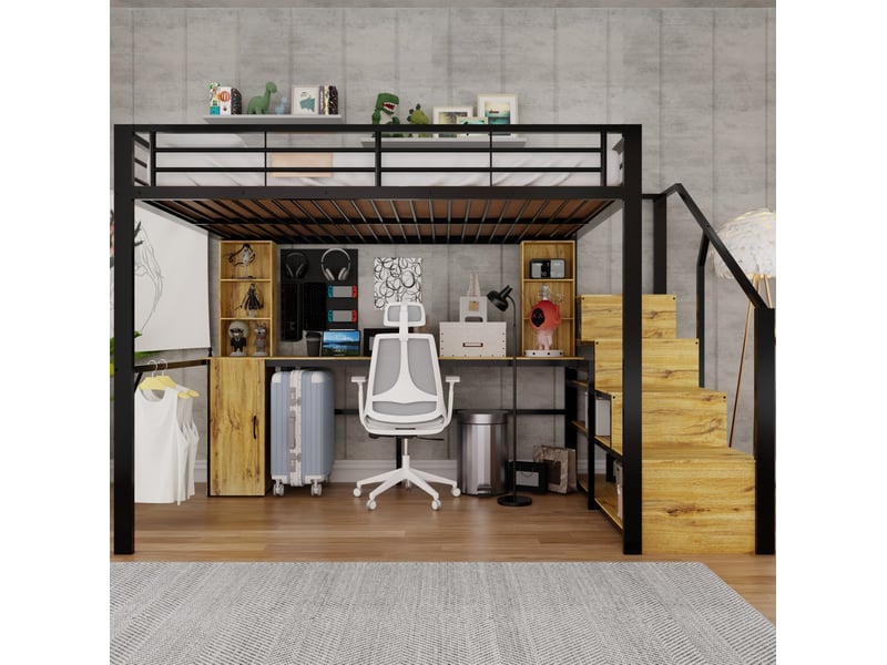  Lit mezzanine 140x200 cm noir en métal avec bureau, rangements et usb, pour optimiser l'espace, sans matelas  - Conforama B