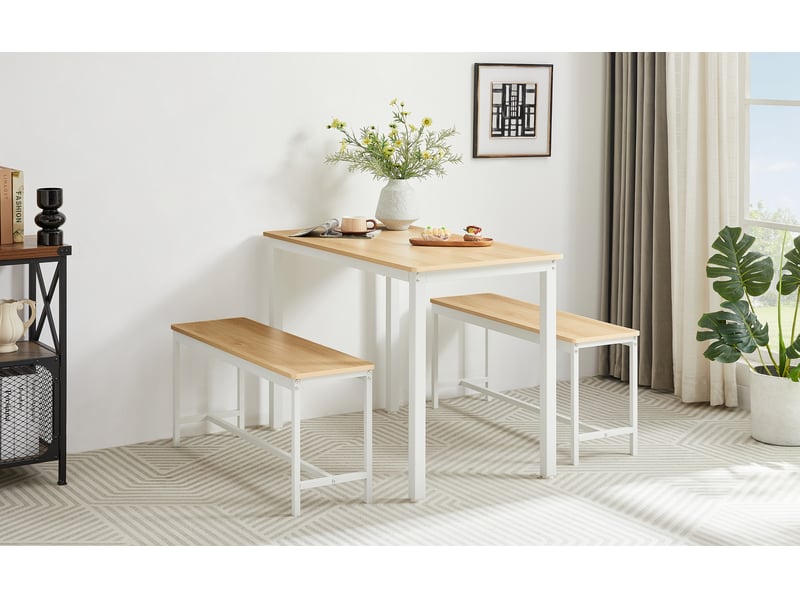  Ensemble table à manger avec 2 bancs, style industriel naturel et blanc, table de cuisine pour 4 personnes, 110 x 60 x 75 cm  - Conforama D