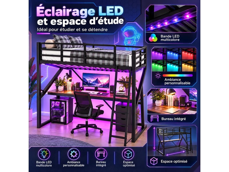  Lit mezzanine enfant 90 x 200 cm en métal avec bureau, éclairage led, échelle et garde-corps, gain de place, noir  - Conforama E
