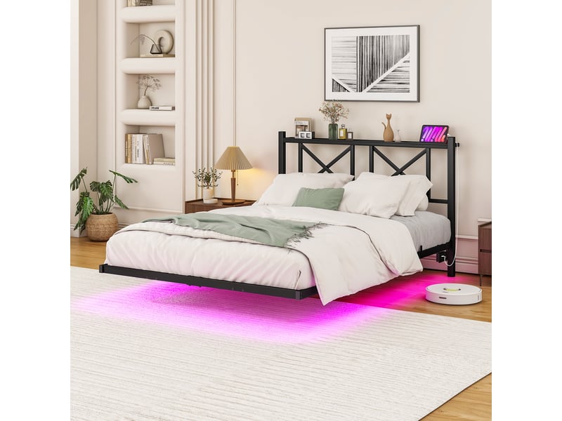  Lit coffre cadre de lit double 120 x 200 cm, led, recharge, tête intégrée, sommier suspendu, métal, montage facile, sans matelas  - Conforama B