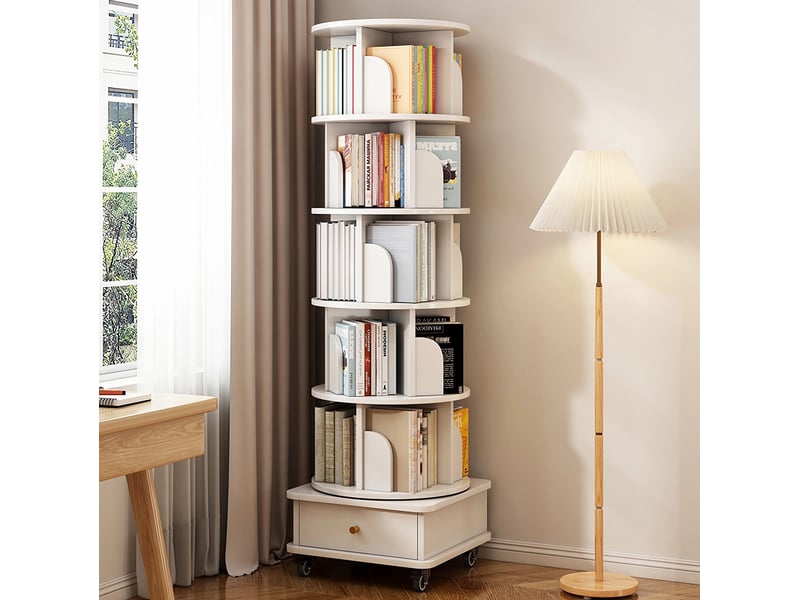  Bibliothèque rotation à 360° 46x46x173 cm avec 1 tiroir en mdf couleur blanc, design moderne, confort optimal  - Conforama D