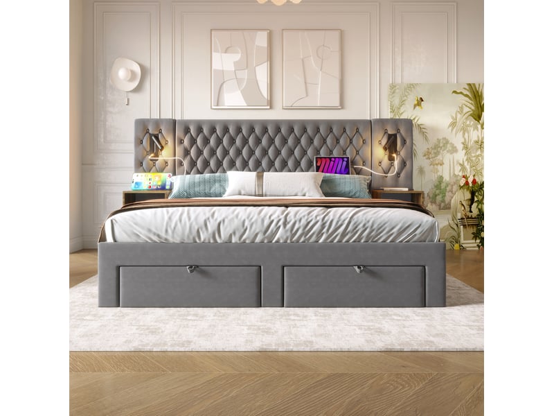  Lit 160x200 avec rangement, 2 chevets, 4 tiroirs, liseuses et recharge usb type c, gris evryae  - Conforama D