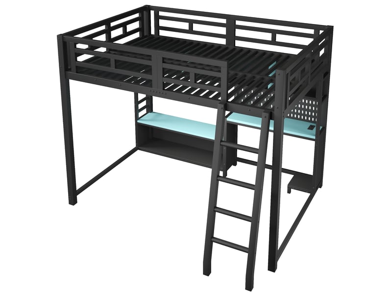 Lit mezzanine gaming 140x200cm en métal avec bureau,éclairage rgb led,étagères,lit superposé avec garde-corps,sans matelas,noir + bleu - Conforama E
