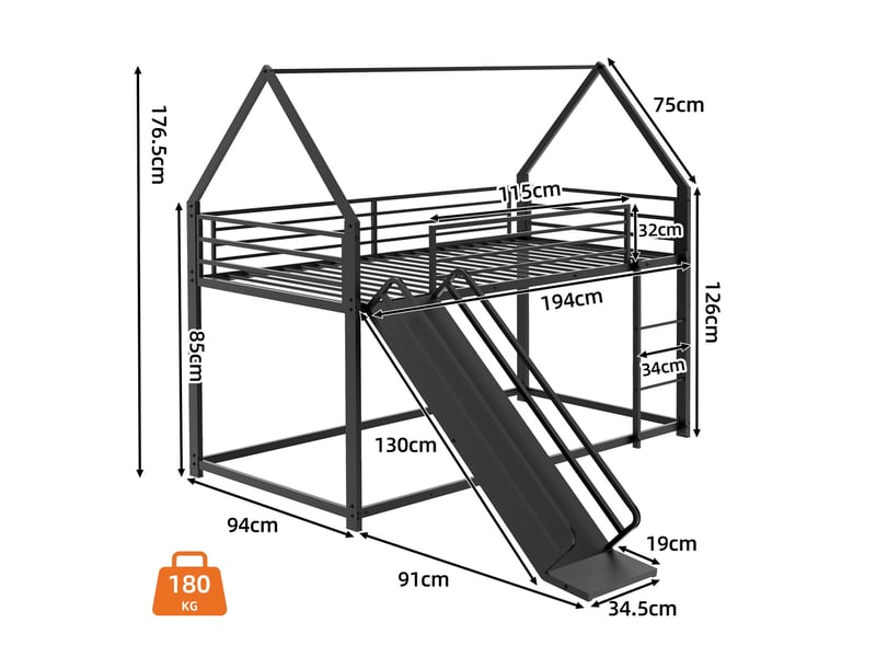  Lit superposé enfant 90x190 cm avec toboggan, structure maison et métal noir  - Conforama C
