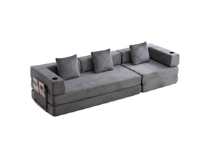 Canapé de sol convertible en lit, coussins, accoudoirs, velours côtelé gris foncé