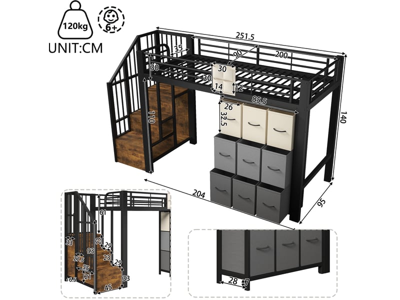  Elvmi lit mezzanine 90x200 cm en métal et mdf noir et blanc, avec escalier de rangement, commode à tiroirs, penderie intégrée, garde-corps, poche de rangement et espace inférieur polyvalent  - Conforama C