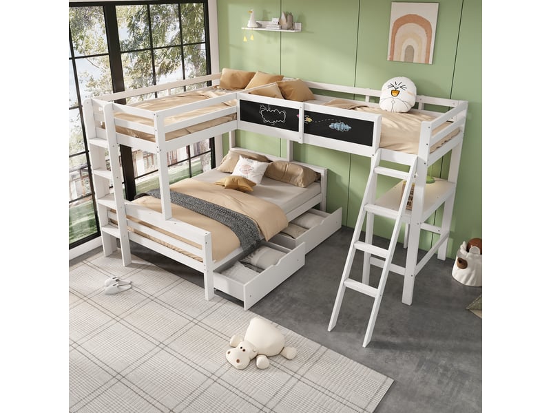  Lit superposé enfant 3 places 140×200 cm et 90×200 cm, tiroirs et bureau  - sans matelas blanc et chêne  - Conforama C