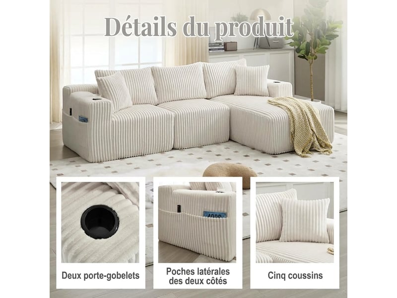 Canapé modulaire avec méridienne en velours côtelé 257x160x62 cm - 5 coussins et porte-gobelets - Conforama W