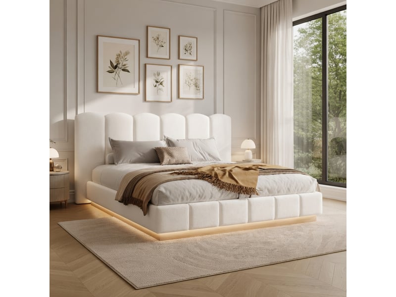  Lit pour adulte 180 × 200 cm, avec éclairage led, tissu bouclé, blanc  - Conforama B
