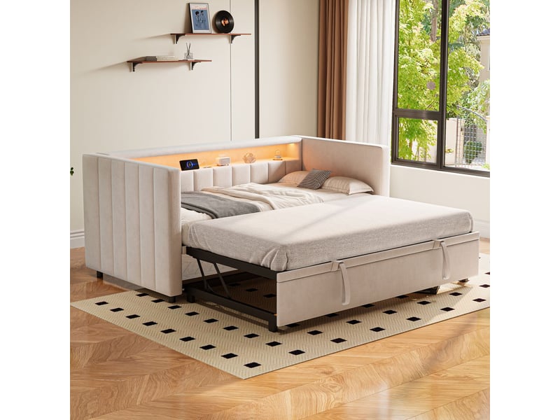  Canapé gigogne 90x190, gain d'espace lit gigogne, rangement intégré, revêtement velours beige, ports usb type-c, éclairage led  - Conforama A