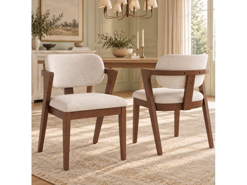 Lot de 4 chaises de salle à manger 56 x 57,5 x 79 cm, noyer et beige avoine, bois, tissu en lin, accoudoirs - Conforama B
