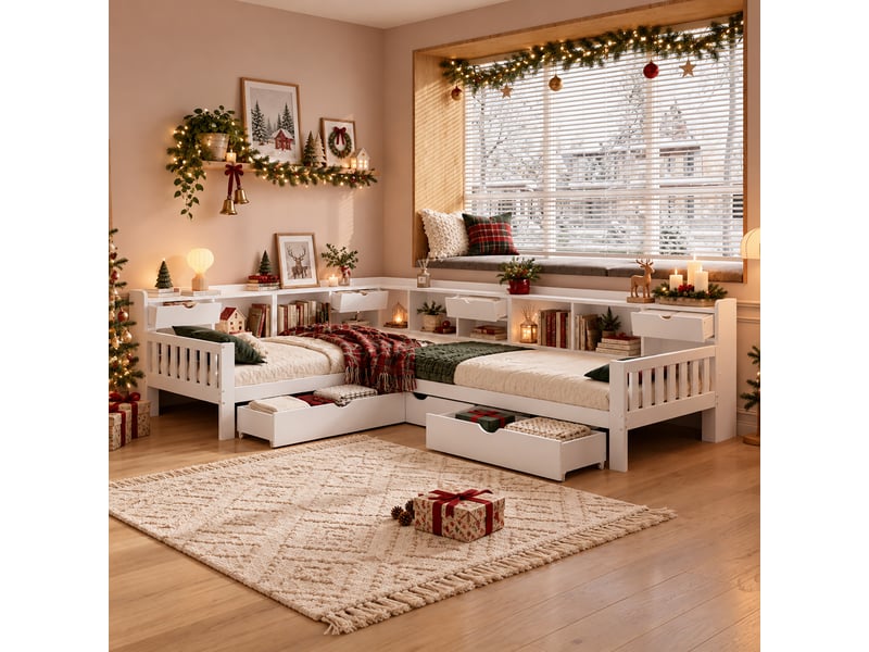 Lit 90x200 cm en bois, structure en l avec 2 couchages, lit enfant avec rangements, étagères périphériques, tiroirs et 3 grands tiroirs, blanc  - Conforama B