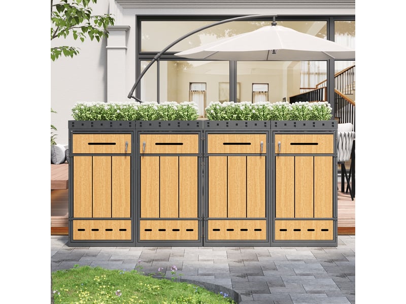  Coffre poubelle avec jardinière gris effet bois, 4 bacs 120-240 l, rangement extérieur  - Conforama B