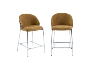 Lot de 2 tabourets de bar bois de peuplier teinté noyer. Acier chromé et tissu texturé moutarde - paul