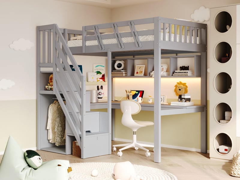  Lit mezzanine,90x200 cm,avec échelle rangement,bureau,led,usb bois,gris  - Conforama B