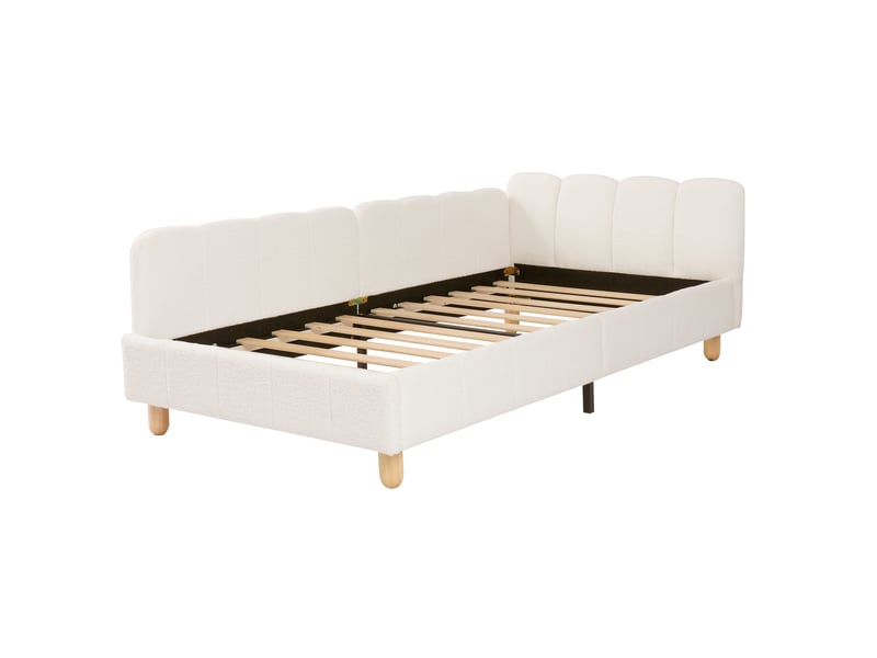 Elvmi lit enfant 90x200 cm en bouclé beige, lit simple rembourré avec tête de lit ergonomique inclinée, protection latérale modulable, poches de rangement intégrées, pieds en bois massif d’hévéa, structure stable monobloc avec s… - Conforama A