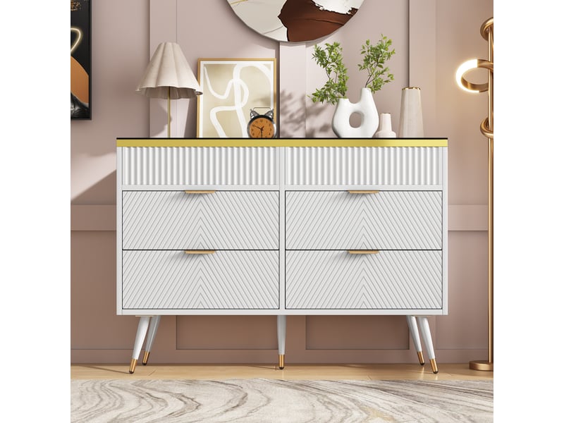  Commode 120 cm, 6 tiroirs, panneaux de particules, rangement pour séjour ou chambre, meuble à assembler - blanc C-DEGAYUN - Conforama B