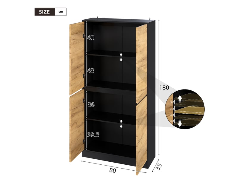  Armoire de rangement avec 4 portes, étagères réglables et fermeture douce pour bureau, salon, couloir 80 × 35 × 180 cm  - Conforama E