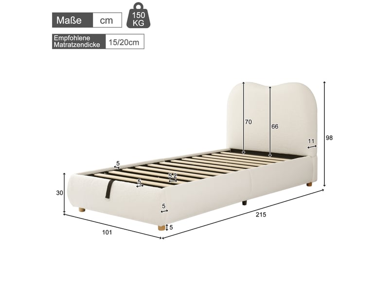 Lit enfant 90 x 200 cm avec coffre hydraulique, sommier à lattes, bouclé beige  - Conforama C