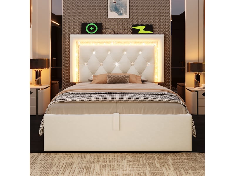 Lit coffre 90x200 cm led tête diamant, ports usb et usb‑c, design moderne, velours beige capitonné, sans matelas - Conforama B