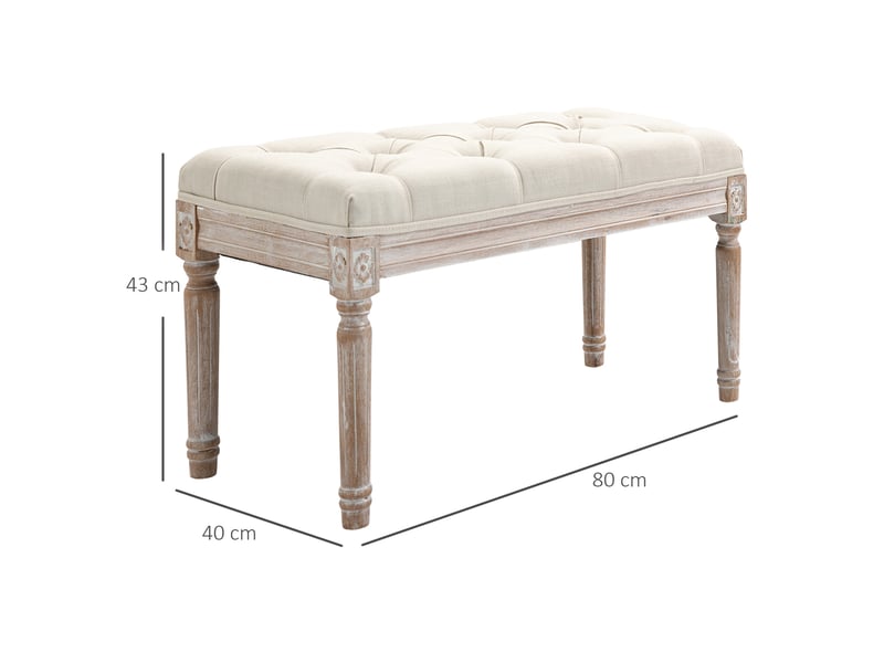  Bout de lit avec assise rembourrée et pieds en bois, vintage français, polyester aspect lin blanc, 80 × 40 × 43 cm  - Conforama E