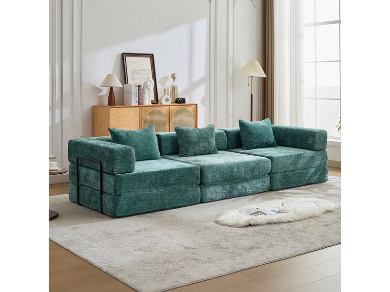  Canapé d'angle, canapé convertible, vert foncé, pour salon, chambre, mobilier pour espace de vie, en tissu chenille  - Conforama A
