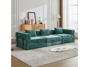Canapé d'angle, transformable en lit, sans montage, en tissu chenille, coloris vert foncé, l300 x p100 x h63 cm