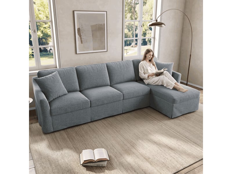  Canapé d’angle en l 4 places 274x128,5x83 cm avec coffre méridienne, housses amovibles lavables, tissu effet lin - lin-gris  - Conforama B