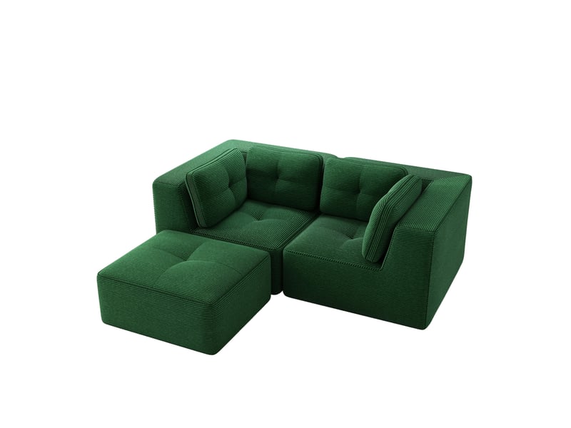  Canapé d'angle modulable ulevr 2 places en velours côtelé vert, pouf mobile, 208 x 177 x 69 cm  - Conforama A