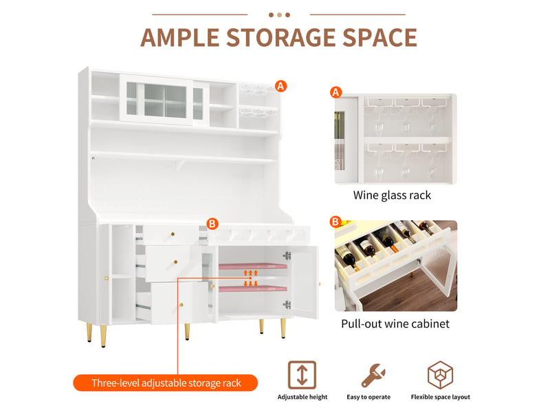  Armoires hautes 145×39×171cm pour le salon, éclairage led, armoire de salon avec étagères réglables, tiroir avec casier à bouteilles  - Conforama W