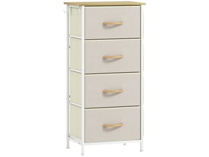Commode 4 tiroirs en tissu, meuble de rangement avec 4 poches, 2 crochets, structure en acier, 45 x 30 x 94,5 cm, beige