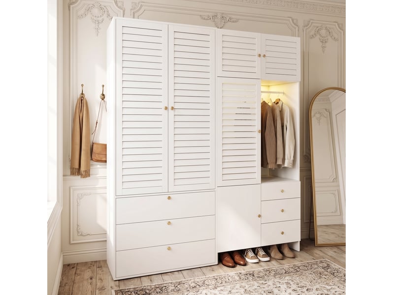  Armoire 180x50x200 cm avec panier à linge et led, panneau de particules blanc, grand rangement pour chambre, dressing  - Conforama D