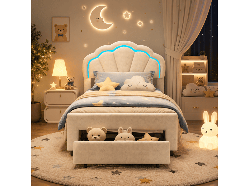  Lit simple capitonné 90x200 cm avec led et tiroirs - lit enfant avec tête de lit réglable en hauteur - sommier à lattes - lit enfant 90x200 cm - lit simple fille avec éclairage led rgb et tiroir - tête de lit réglable - sommier …  - Conforama B