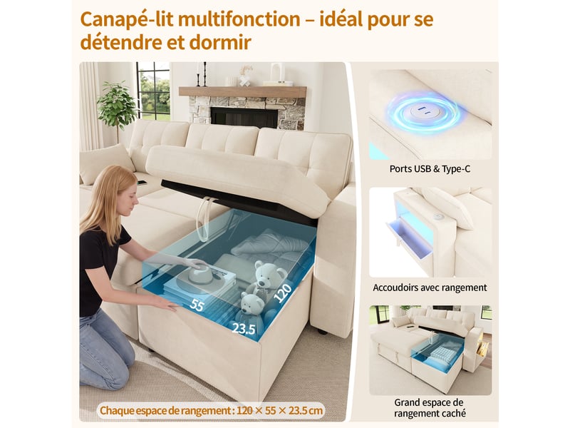 Canapé d'angle convertible 3 places en tissu chenille beige, méridienne réversible, rangement, usbtype-c, led - Conforama E