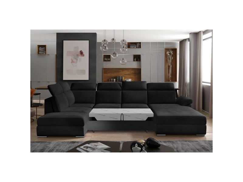  Canapé panoramique convertible majesta 5 places noir – angle droit avec coffre – version 2  - Conforama D
