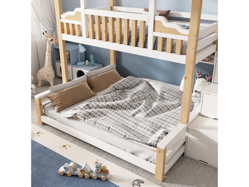  Lit superposé maison 90x200140x200 cm blanc et bois naturel Fay Lum - Conforama E