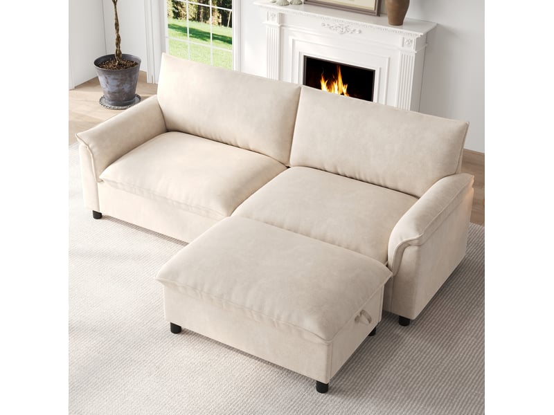 Canapé d'angle modulable 3 places en chenille beige avec pouf de rangement - Conforama E