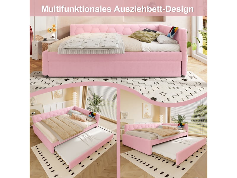  Lit de jour 140x200 canapé lit velours rose avec sommier et lit gigogne  - Conforama E