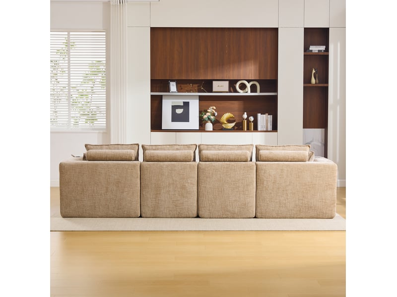 Canapé modulable 4 places en chenille kaki avec 2 poufs et porte-boissons - Conforama D