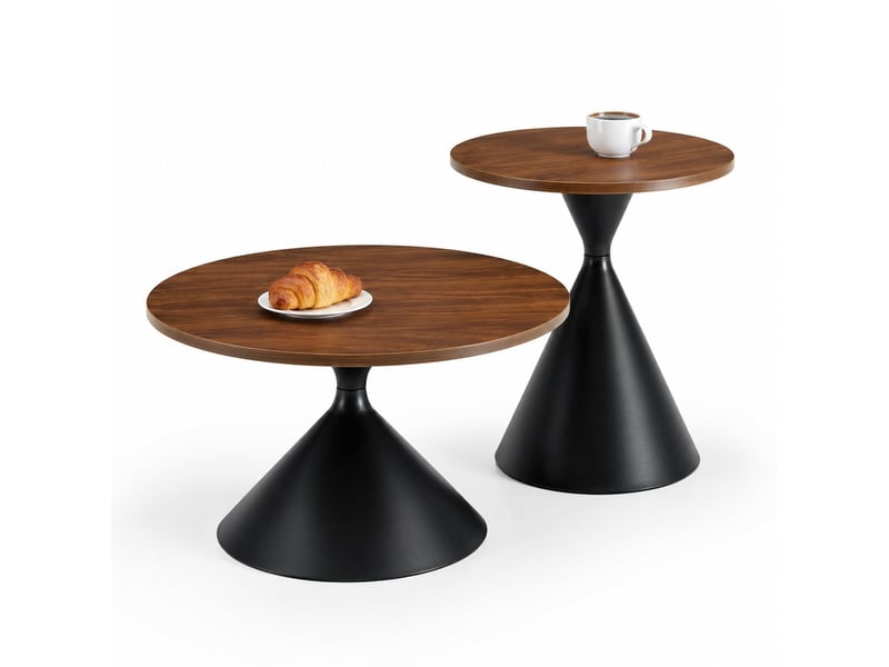 Tables basses gigognes rondes, avec 2 plateaux, empilables et style moderne pour salon et chambre, métal, noyer noir - Conforama A