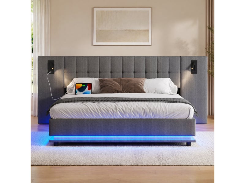  Lit 2 places 180x200 cm avec led, liseuses et usb coloris gris  - Conforama D
