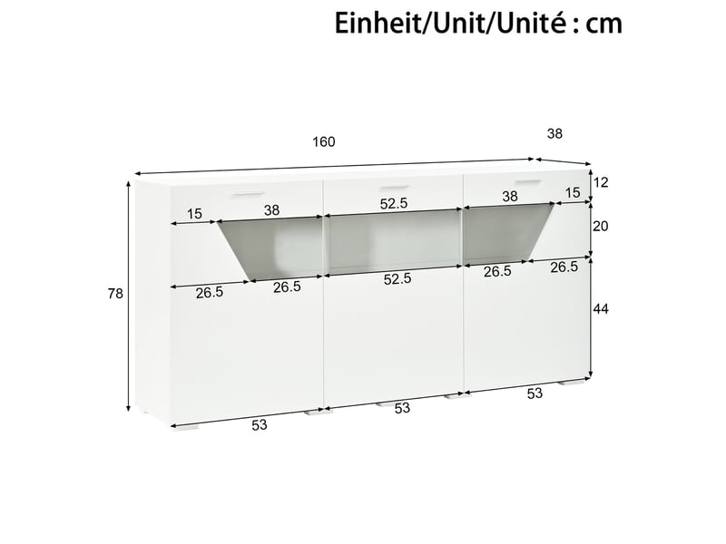  Buffet vitrine avec led pilotée par appli, 3 portes vitrées et grand rangement fermé pour salon ou salle à manger, panneaux de particules ABC - Conforama C